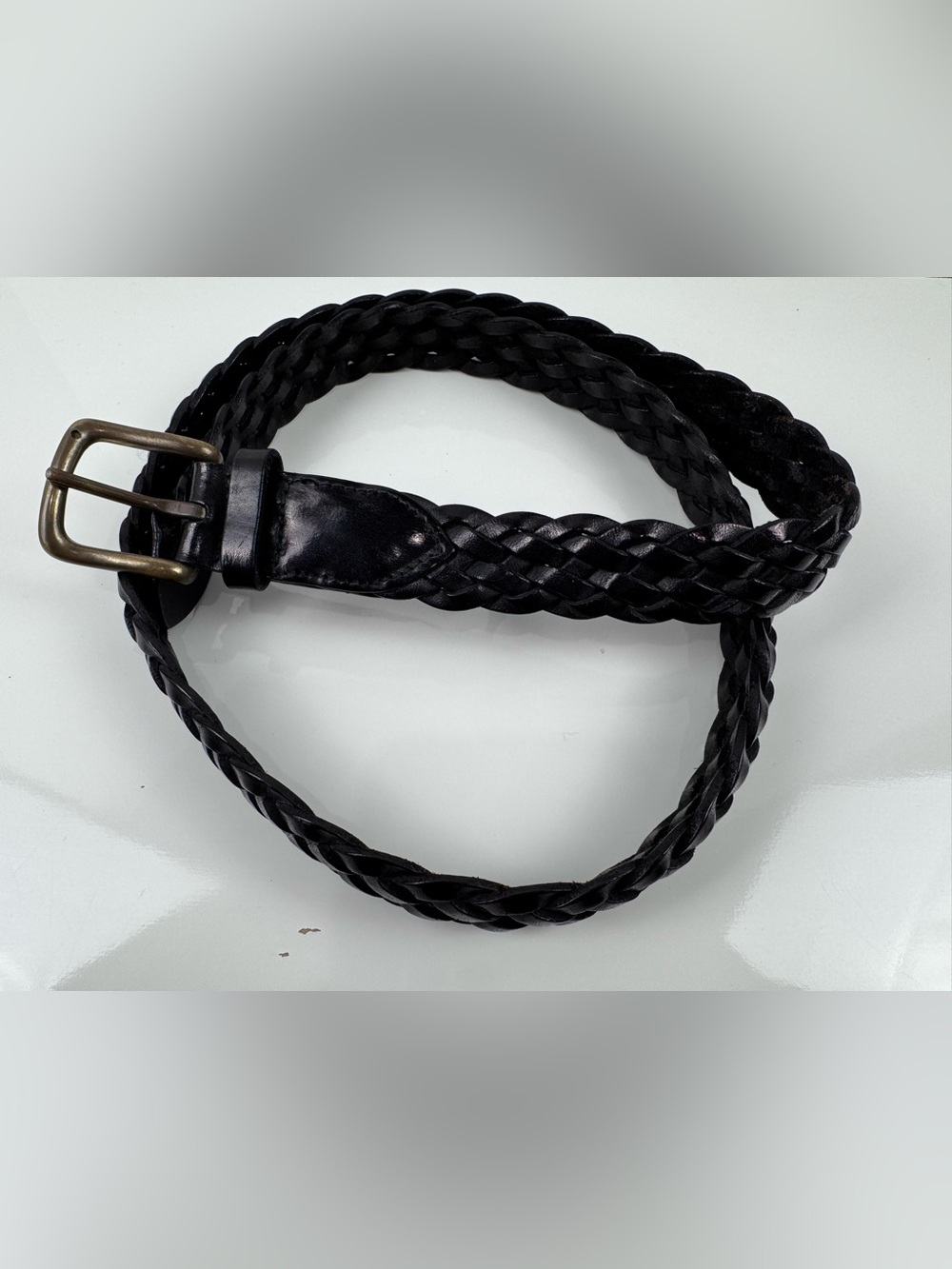 Cole Haan Men's 38 Dark Brown Woven Braided Leather Brass Buckle Belt